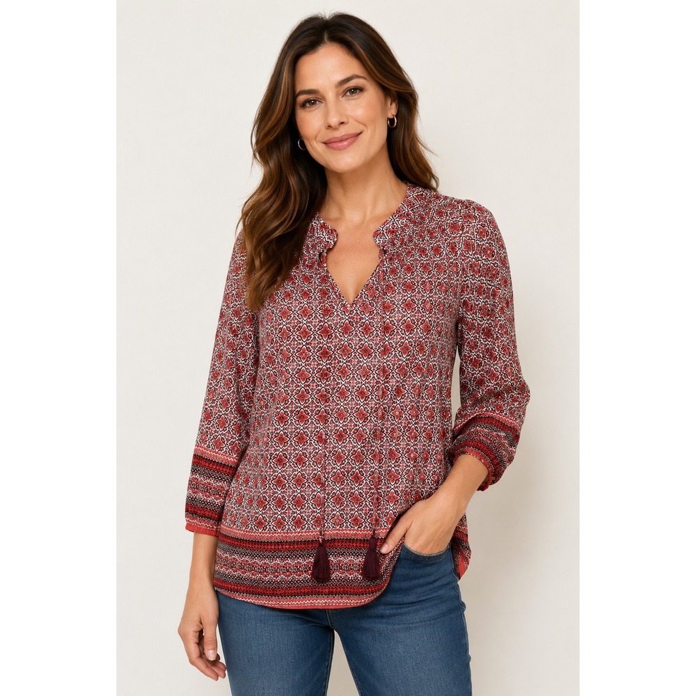Lucy & Laurel Red Geometric Tile Print Tassel Peasant Blouse 3/4 Sleeve Medium